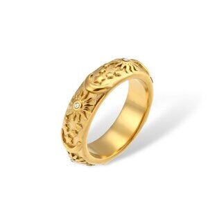 NWT Band Ring Sz.8 18K Gold Plated Star Moon Sun Etched Textured Relief